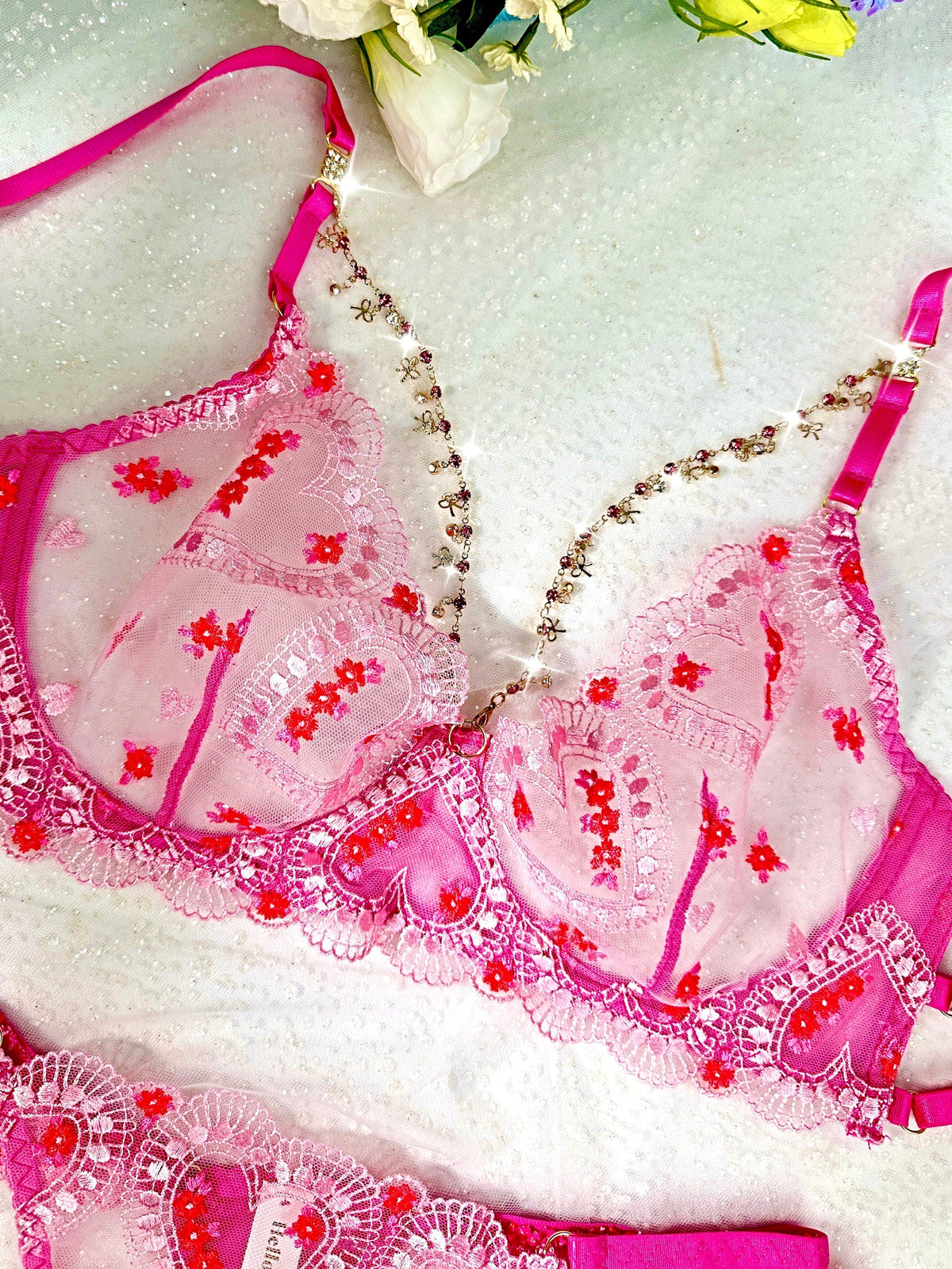 Pink Heart-Embellished Sheer Lingerie Set - 2 pcs set