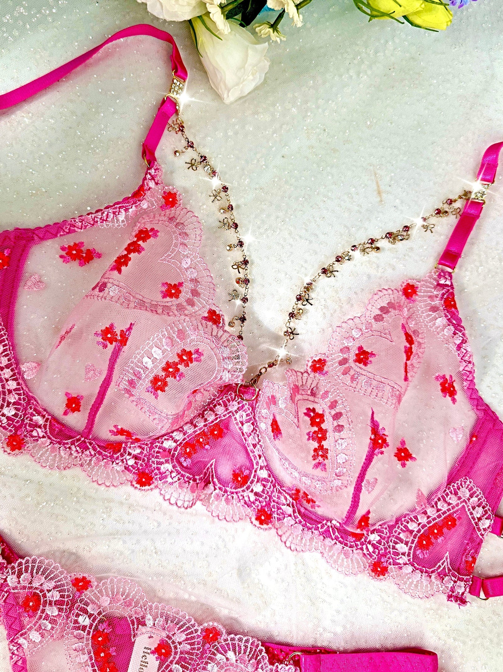 Pink Heart-Embellished Sheer Lingerie Set - 2 pcs set