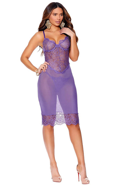 Elegant Tea Length Gown with Eyelash Lace & Mesh, Underwire Cups, Adjustable Straps - Passion Flower - Cami set