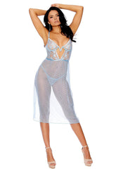 Dotted mesh gown with embroidered bodice, underwire cups, V wire, keyhole front detai - Cami set