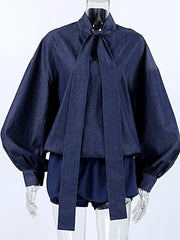 Tie Front Denim Top and Shorts Set -