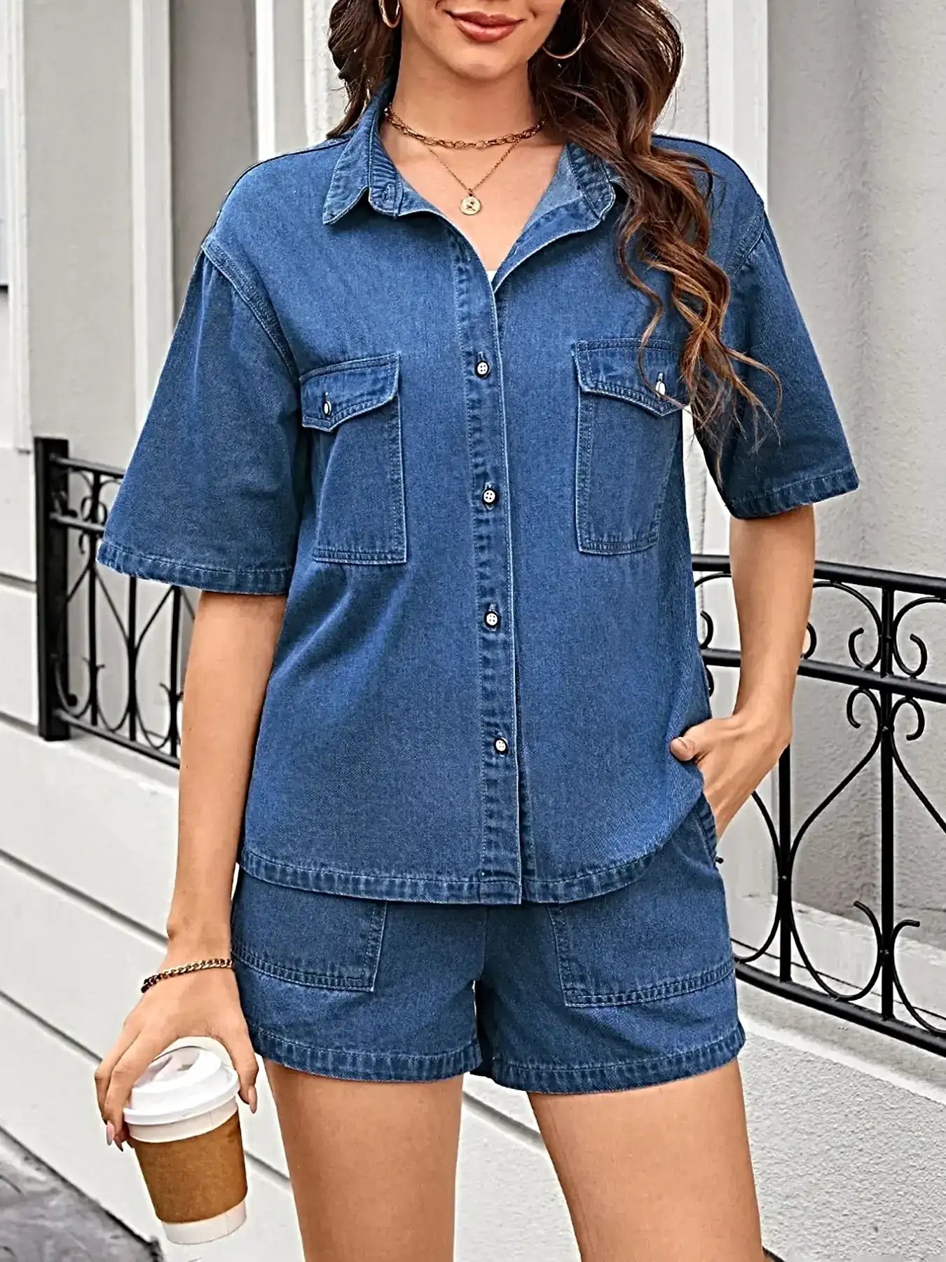 Casual Drop Shoulder Denim Shirt & Shorts Set -