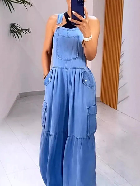 Full Size Pocketed Wide Leg Denim Overalls Plus Size -