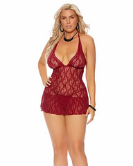 Elegant Moments 12042Q Lace Halter Neck Babydoll Set with Flutter Skirt in Burgundy, showcasing luxurious lace details and flattering design for an enchanting look.