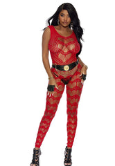 Provacative Crochet footless bodystocking with open crotch in Black and Red - Bodystocking