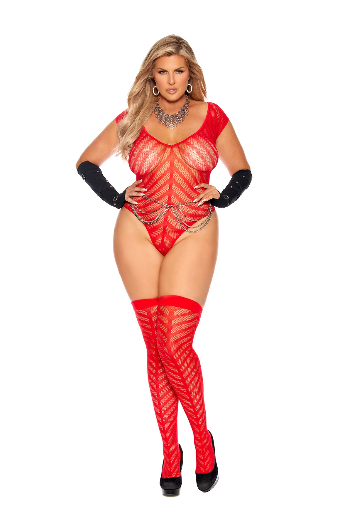 Ravishing Chevron striped crochet deep V teddy and matching stockings, Also Plus size-Teddy-Elegant Moments-Red-QS-SatinBoutique