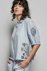 POL Button Down Embroidered Floral Short Sleeve Shirt -