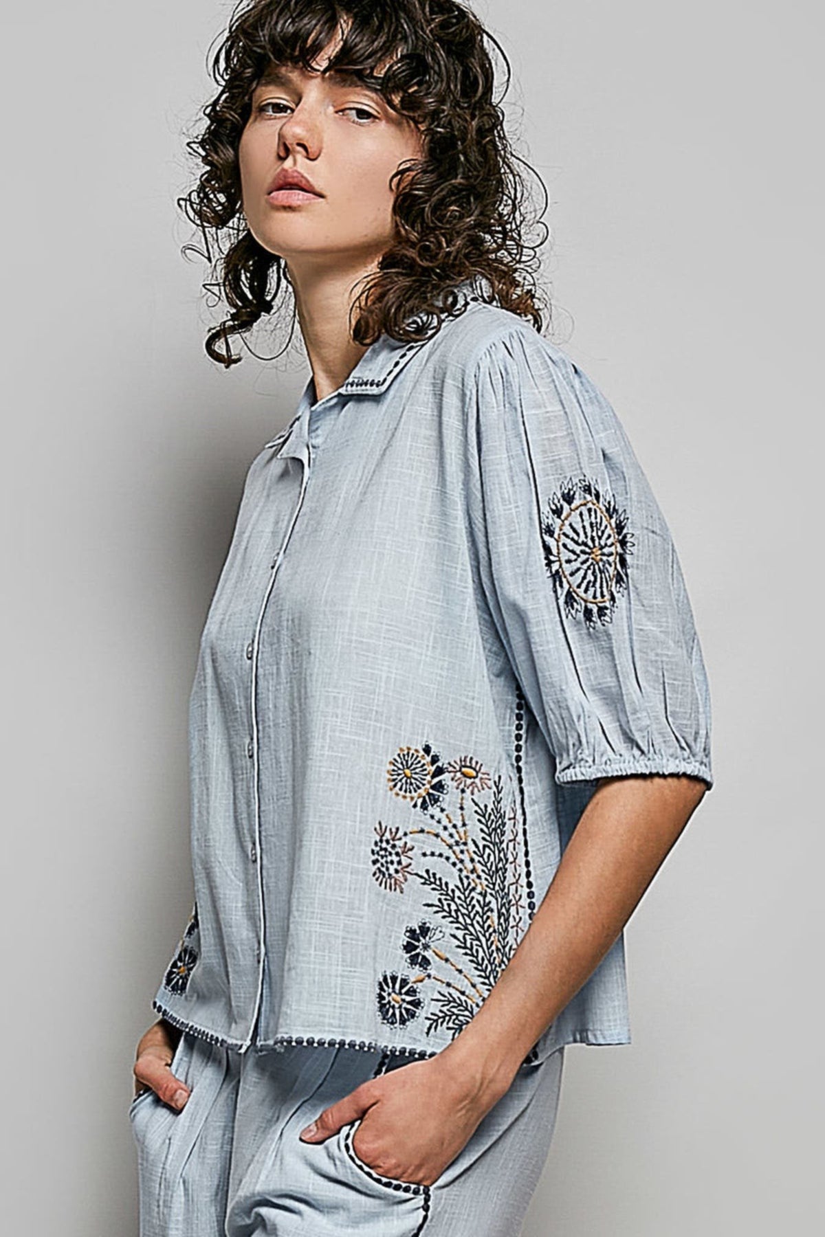 POL Button Down Embroidered Floral Short Sleeve Shirt -