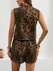 Leopard Print Tie Front Tank and Shorts Denim Set -