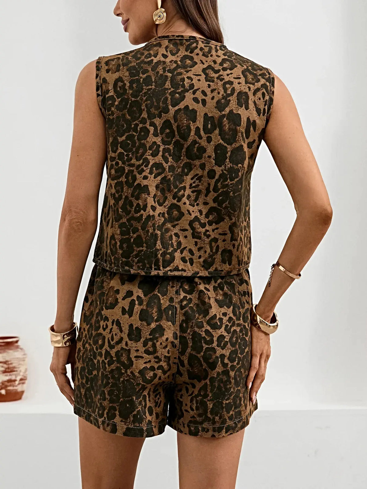 Leopard Print Tie Front Tank and Shorts Denim Set -