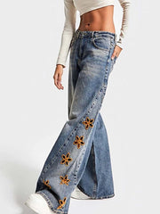 Floral Embroidered Wide Leg Jeans -