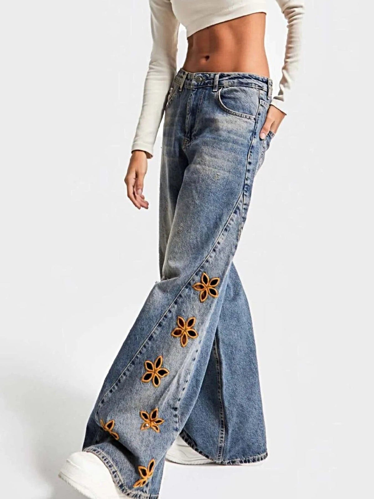 Floral Embroidered Wide Leg Jeans -