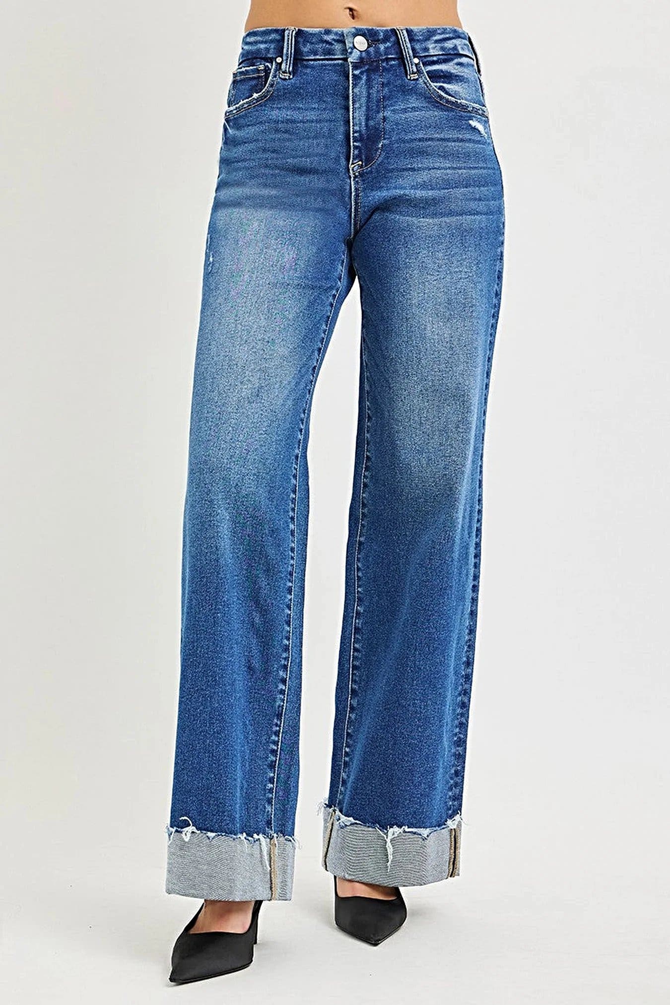 RISEN High Rise Wide Leg Jeans With Cuffed Hem -