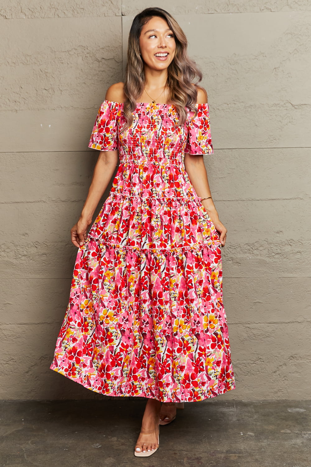 Perfee Floral Off-Shoulder Frill Trim Maxi Dress