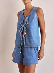 Tie Front Vest and Shorts Denim Set -