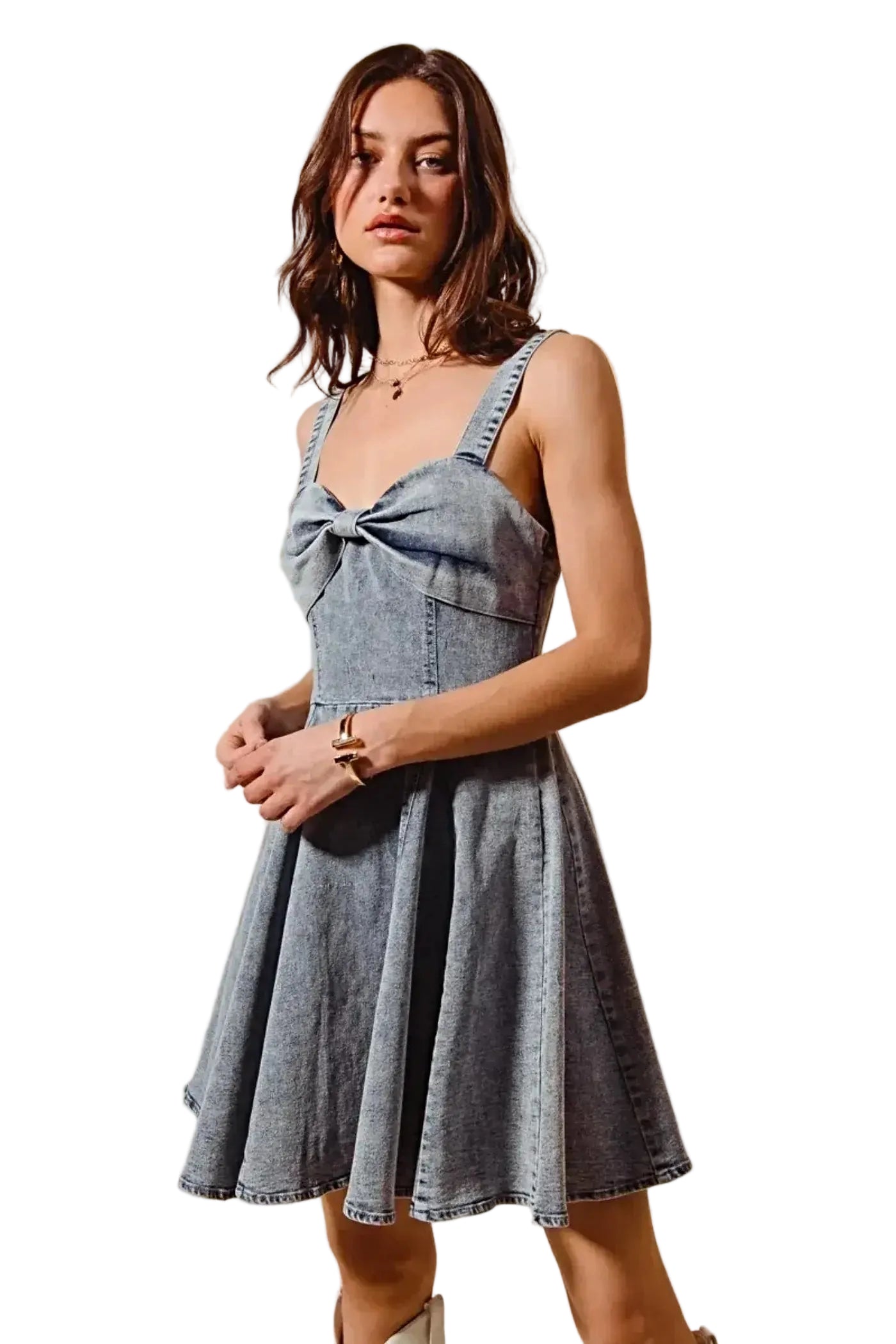 SO ME Mineral Washed Bow Ribbon Denim Flare Dress -