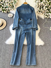 Button Front Wide Leg Denim Jumpsuit -