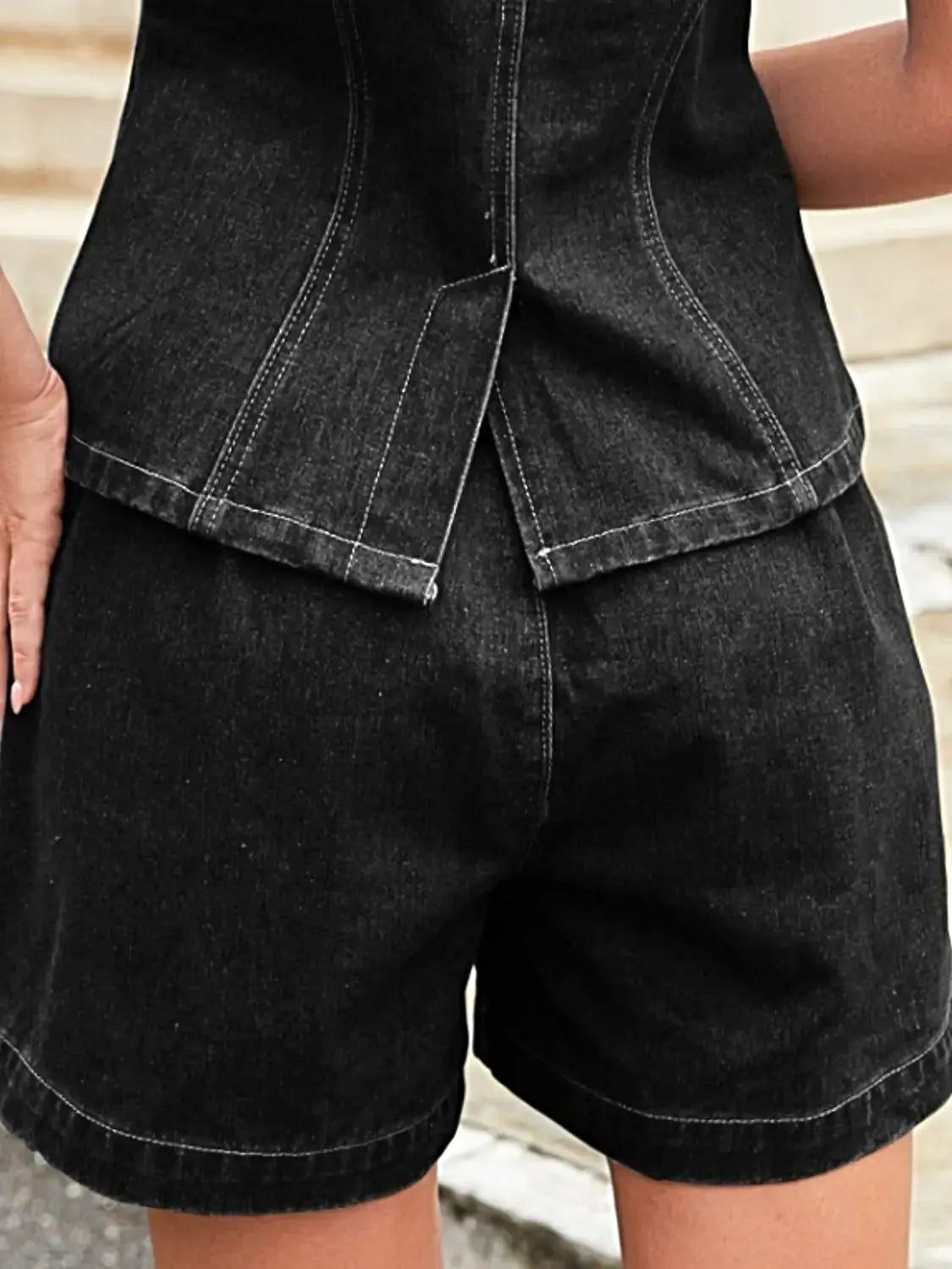 Button Down Vest and Shorts Denim Set -