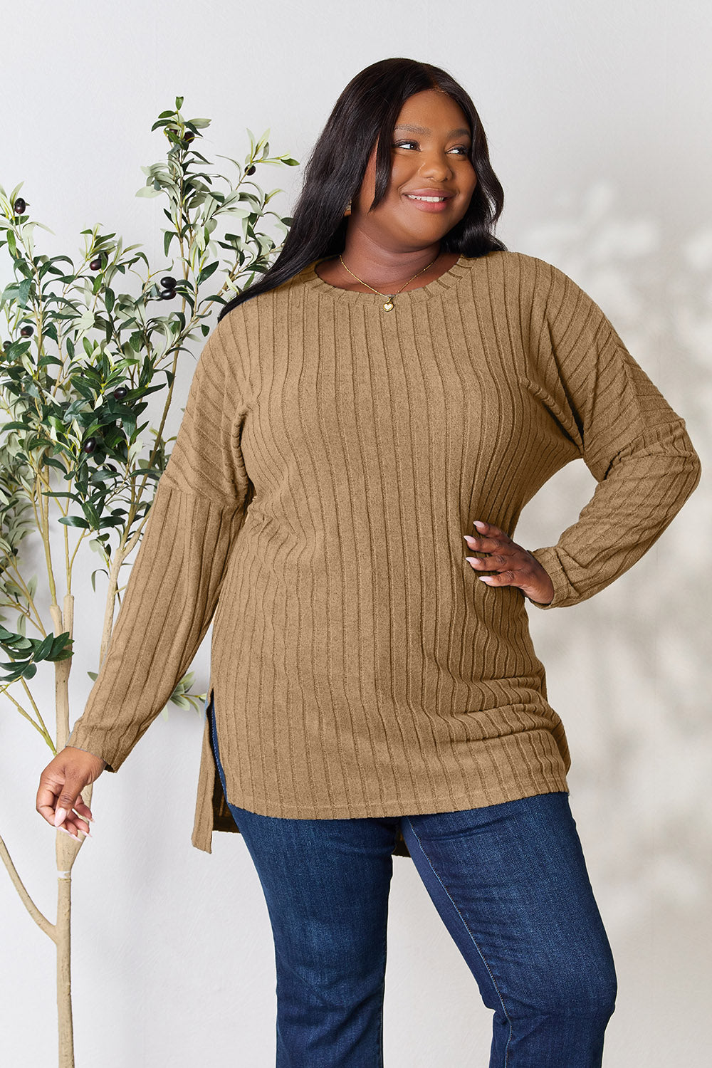 Chic Ribbed Long Sleeve Top with Slit - Basic Bae Full Size Round Neck Design for Effortless Style Trendsi