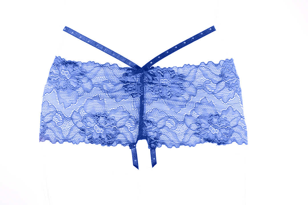 Kelly Crotchless Shorts, crotchless and topped with skinny rhinestone straps in Blue - Boy Shorts