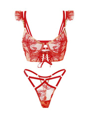 Luxury Red Lace Lingerie Set displayed on a model, highlighting the adjustable shoulder straps and flattering design.