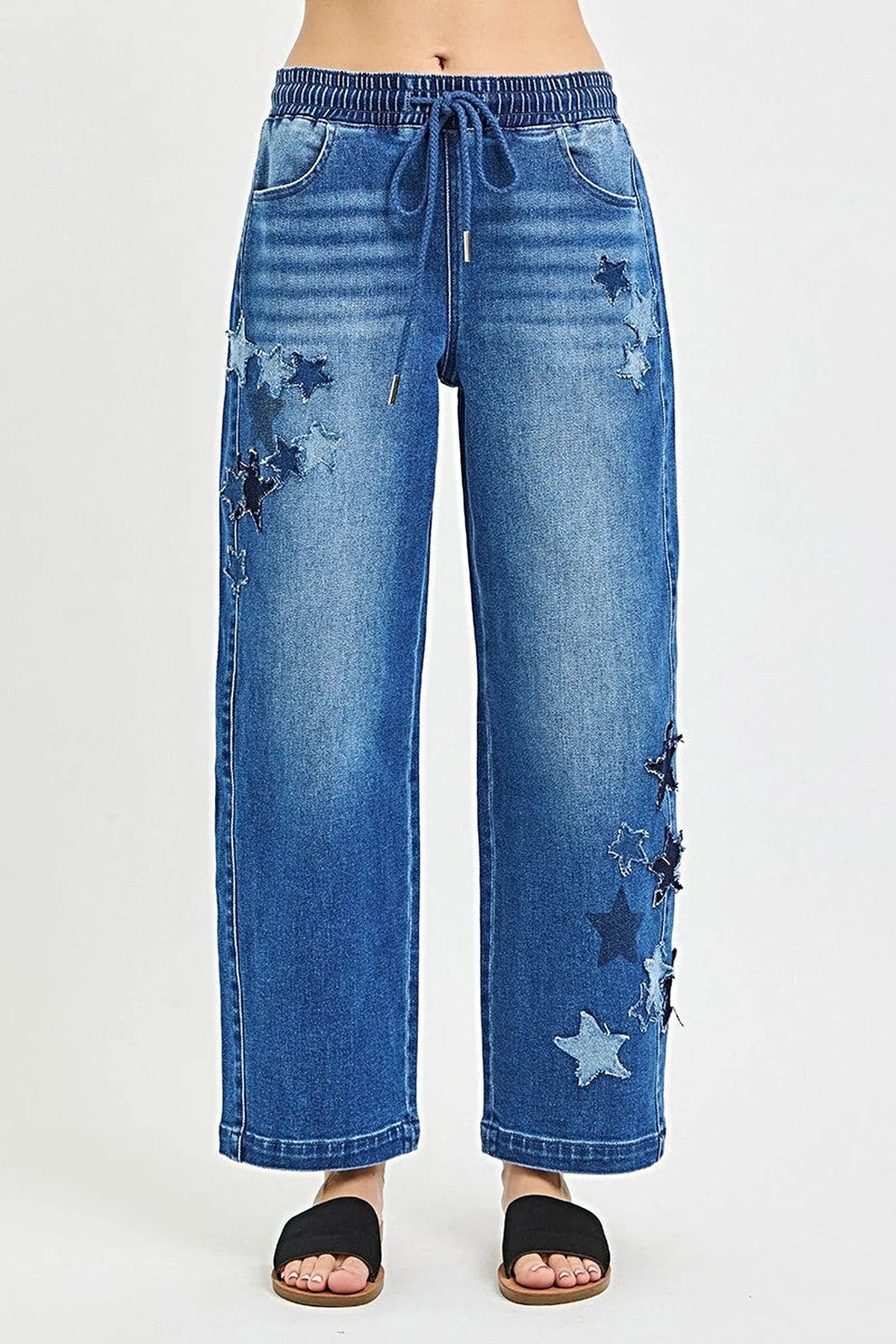 RISEN Elastic Band Slouchy Cropped Barrel with Star Patch -