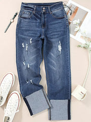 High Waist Distressed Straight Leg Jeans -