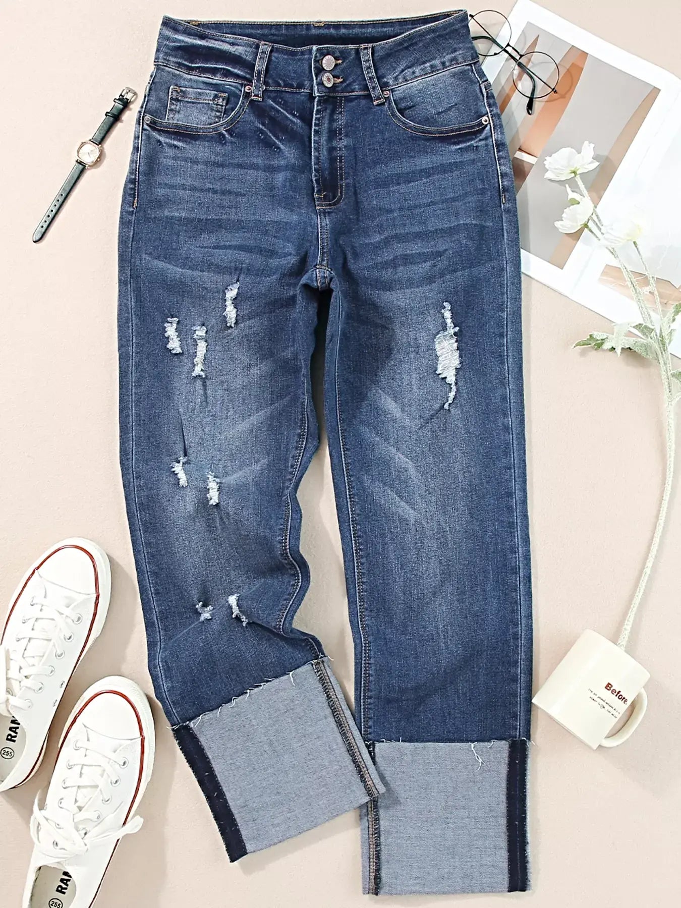 High Waist Distressed Straight Leg Jeans -