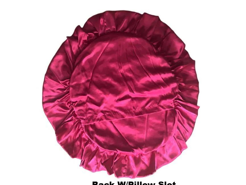 Passion Pink 16 Inch Round Pillow Sham in luxurious lingerie satin featuring a beautiful double ruffle design, perfect for enhancing any bedding collection. Ideal round pillow sham for a touch of elegance in your home.