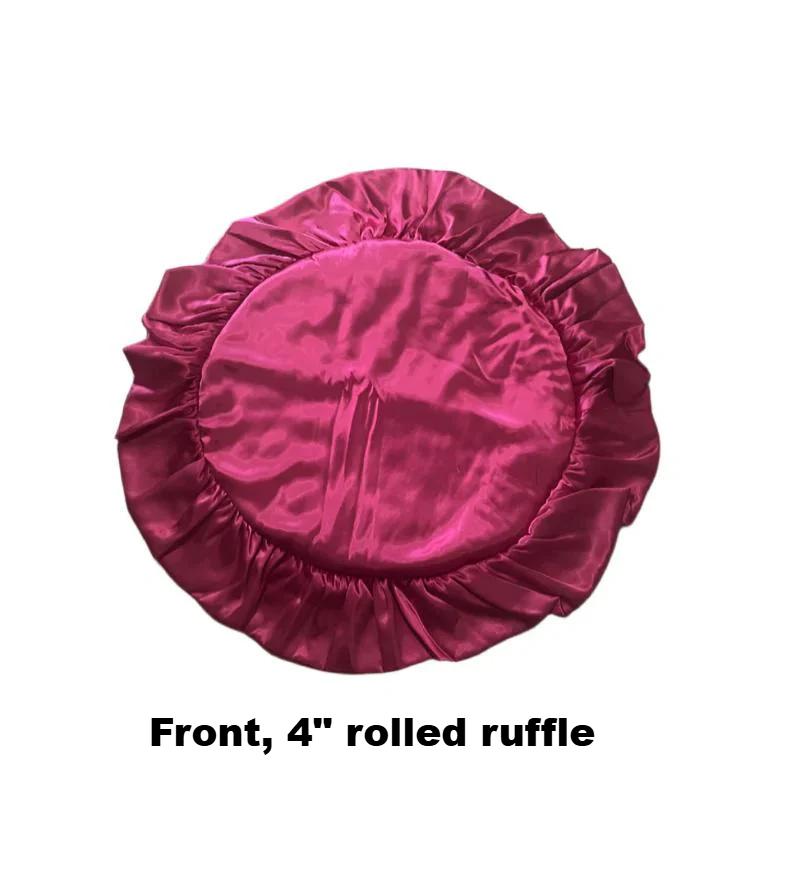 16&quot; Round Crimson Pillow Cover Sham with Sensual Lingerie Satin featuring a luxurious front design with a 4-inch rolled ruffle trim, perfect for elevating home decor.