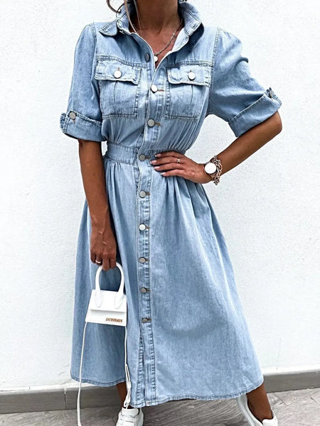 Full Size Button Down Roll-Up Sleeve Denim Shirt Dress Plus Size -