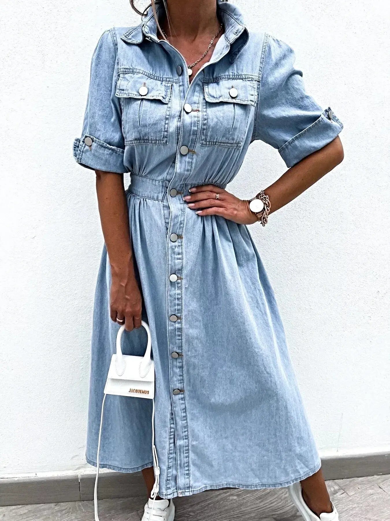 Full Size Button Down Roll-Up Sleeve Denim Shirt Dress Plus Size -