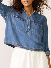 Half Snap Cropped Denim Top -