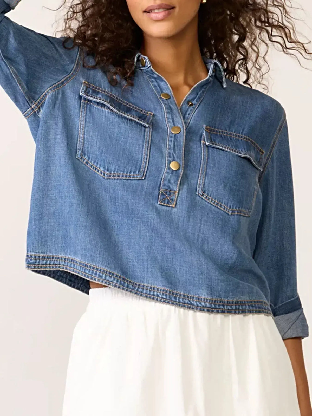 Half Snap Cropped Denim Top -