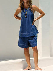Casual Contrast Stitch Denim Tank Top and Shorts Set -