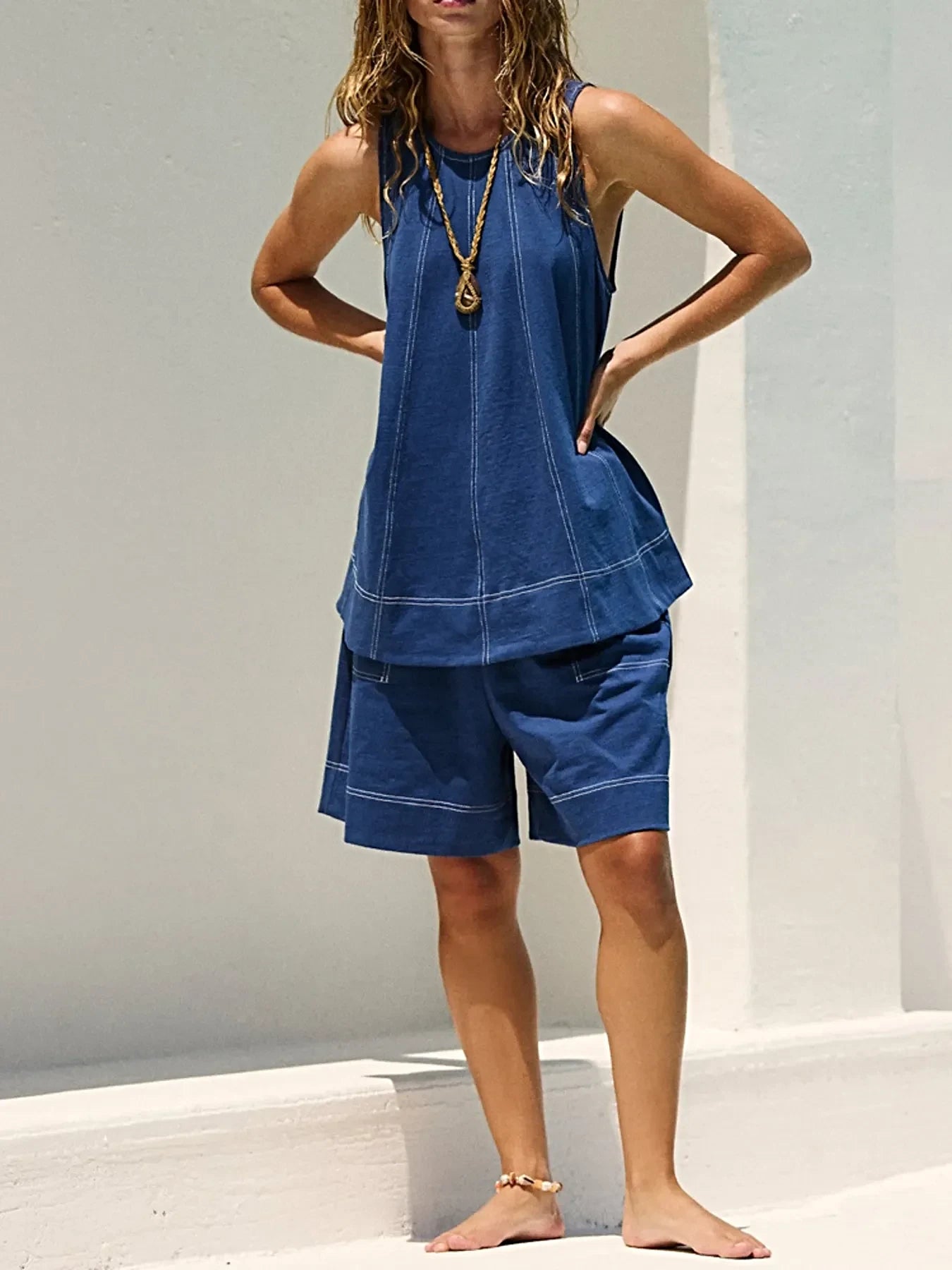 Casual Contrast Stitch Denim Tank Top and Shorts Set -