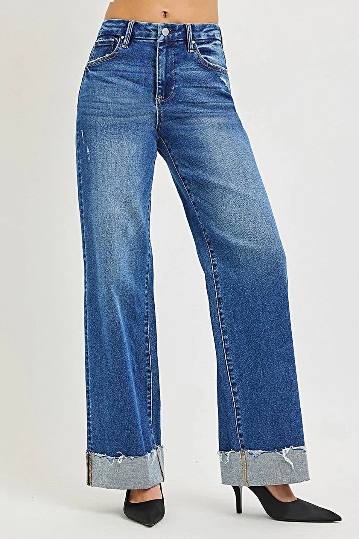 RISEN High Rise Wide Leg Jeans With Cuffed Hem -