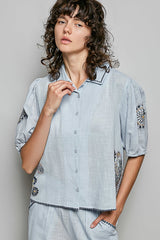 POL Button Down Embroidered Floral Short Sleeve Shirt -