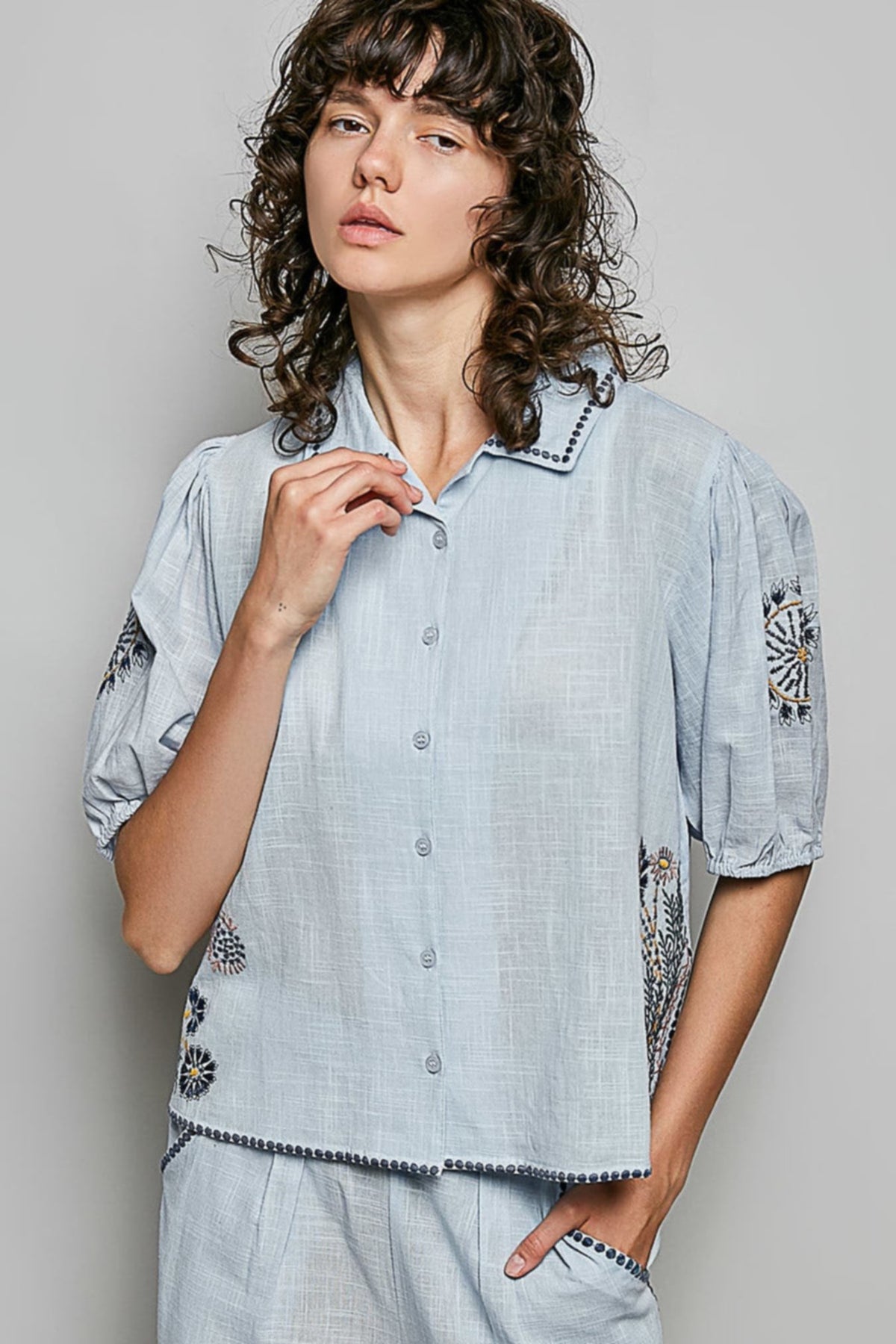 POL Button Down Embroidered Floral Short Sleeve Shirt -