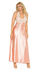 Elegant  Lace Charmeuse Dress Halter Neck Gown in Peach - Sizes S, M, L - Long Gown