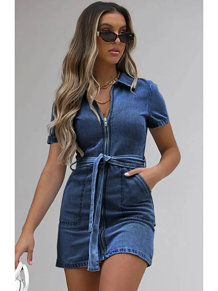 Full Size Zip Front Short Sleeve Denim Dress Plus Size -