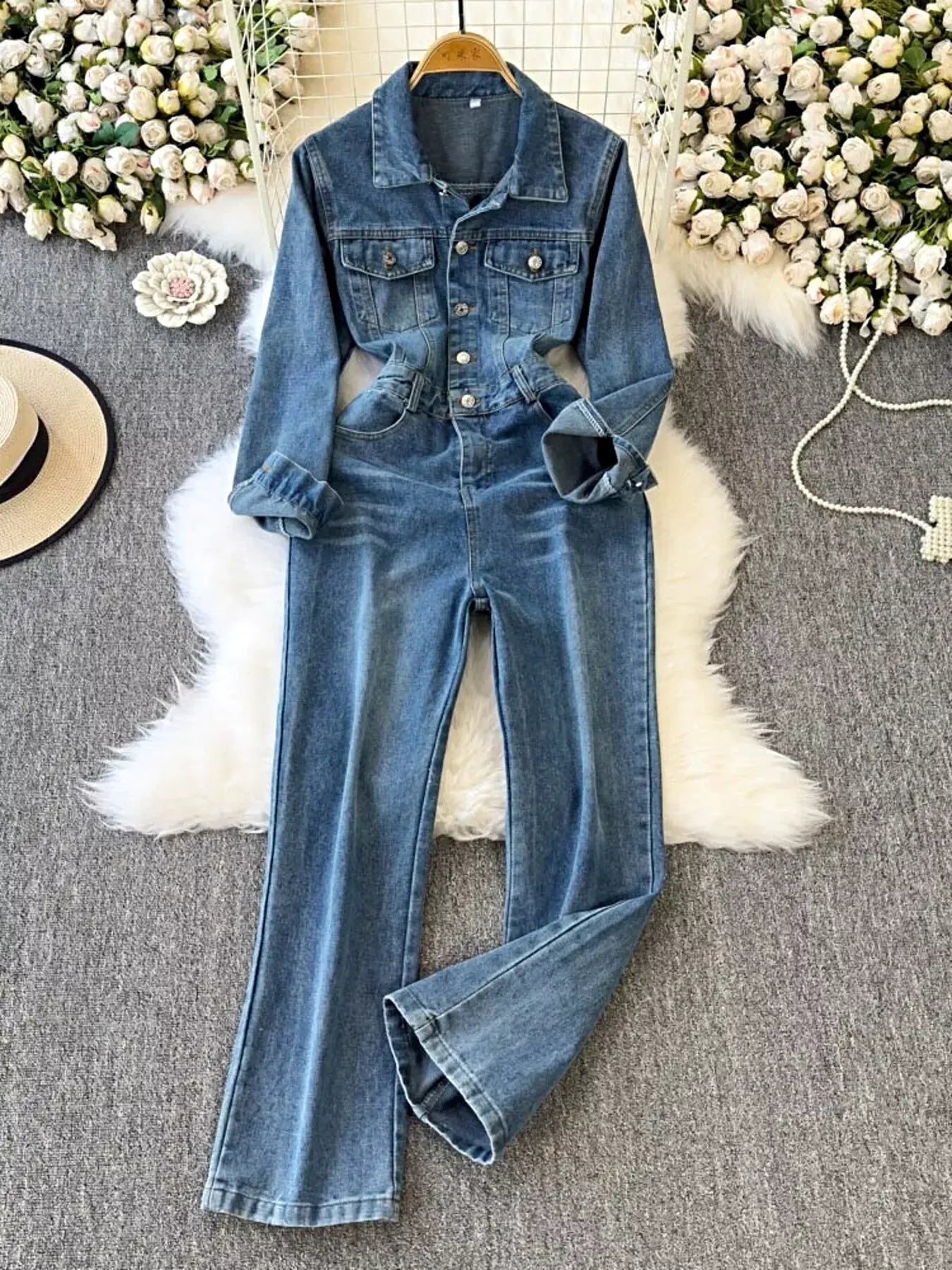 Button Front Wide Leg Denim Jumpsuit -