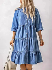 Full Size Ruffled Hem Button Up Denim Midi Dress Plus Size -