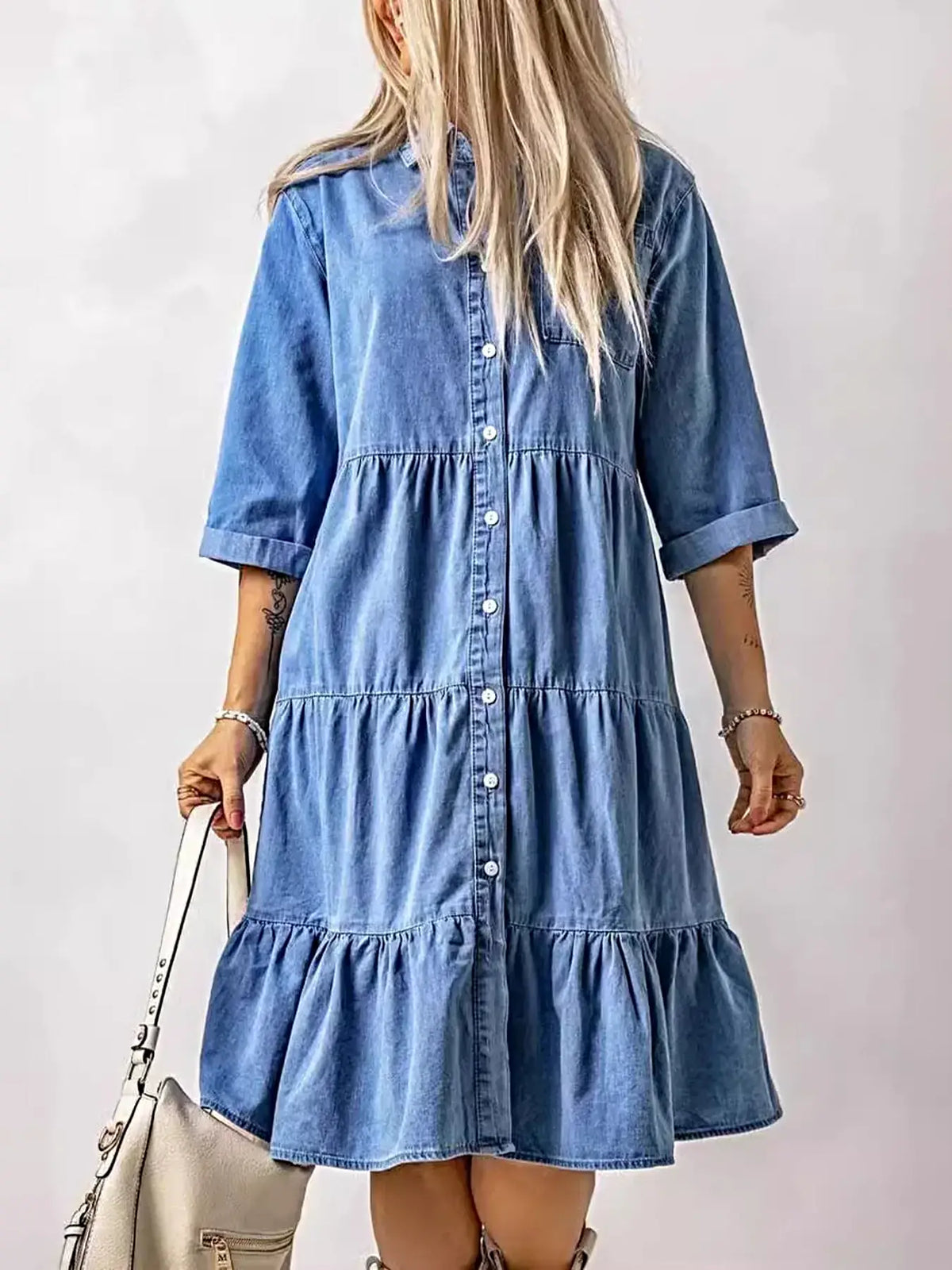 Full Size Ruffled Hem Button Up Denim Midi Dress Plus Size -