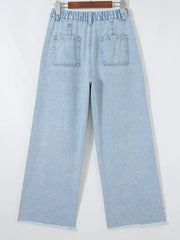 Studded Side Slit Leg Frayed Pocketed Wide Leg Jeans -