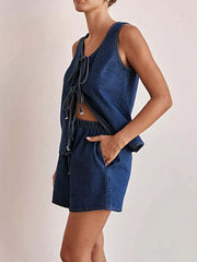 Tie Front Vest and Shorts Denim Set -