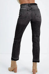 High-Waisted Distressed Hem Straight Leg Jeans -
