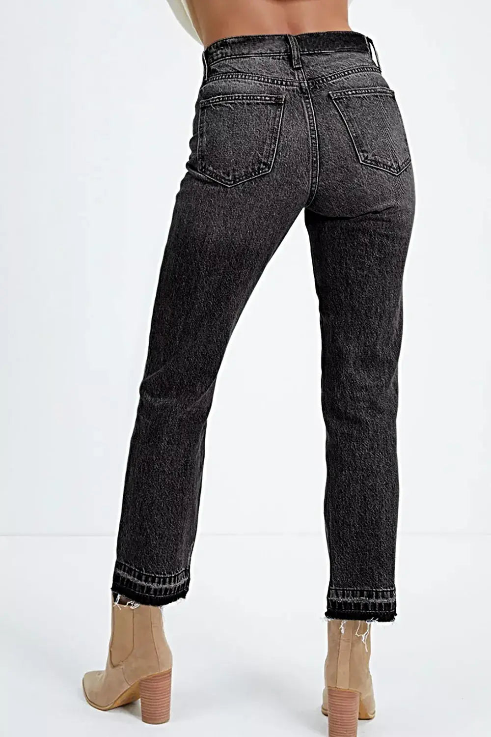 High-Waisted Distressed Hem Straight Leg Jeans -
