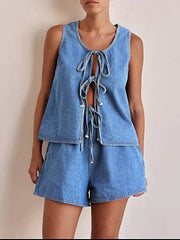 Tie Front Vest and Shorts Denim Set -