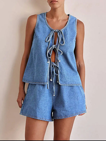Tie Front Vest and Shorts Denim Set -